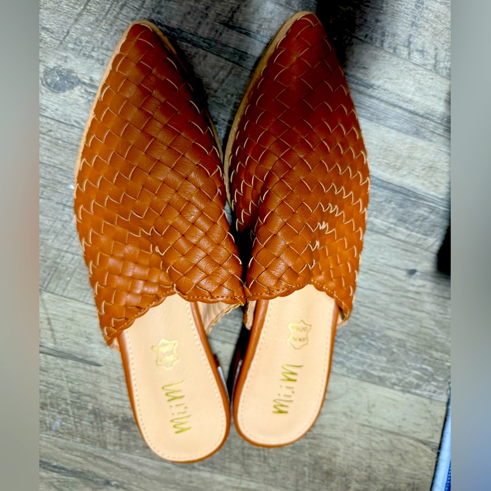 Woven Leather Mules in Brown